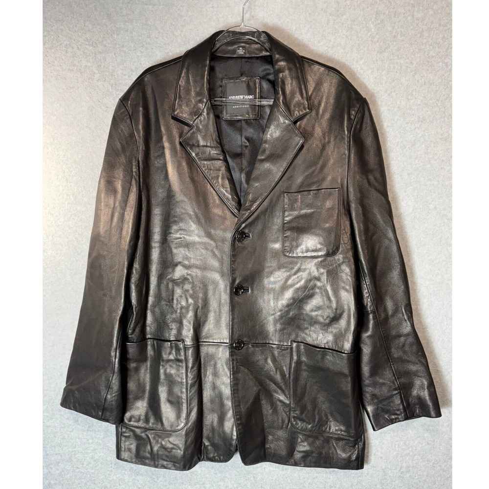 Andrew Marc Leather Blazer Jacket Men's XL Black Lined Inner Pockets Notch Lapel